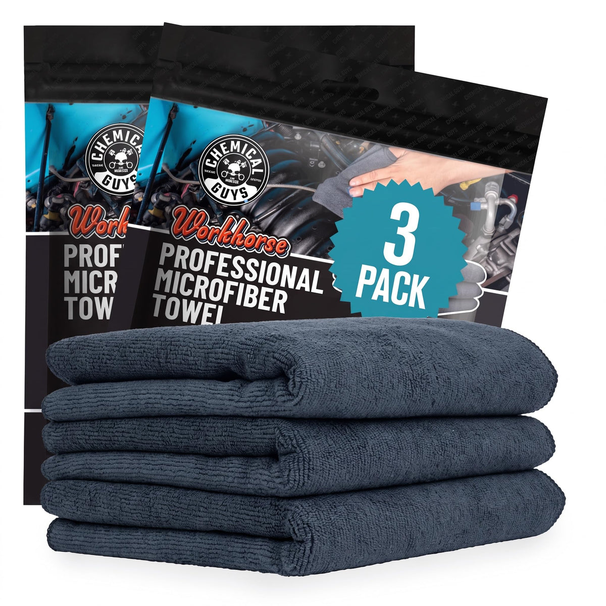 Chemical Guys, Workhorse Plush Microfiber Towels, 16 x 16 in, Black, 3 Pack
