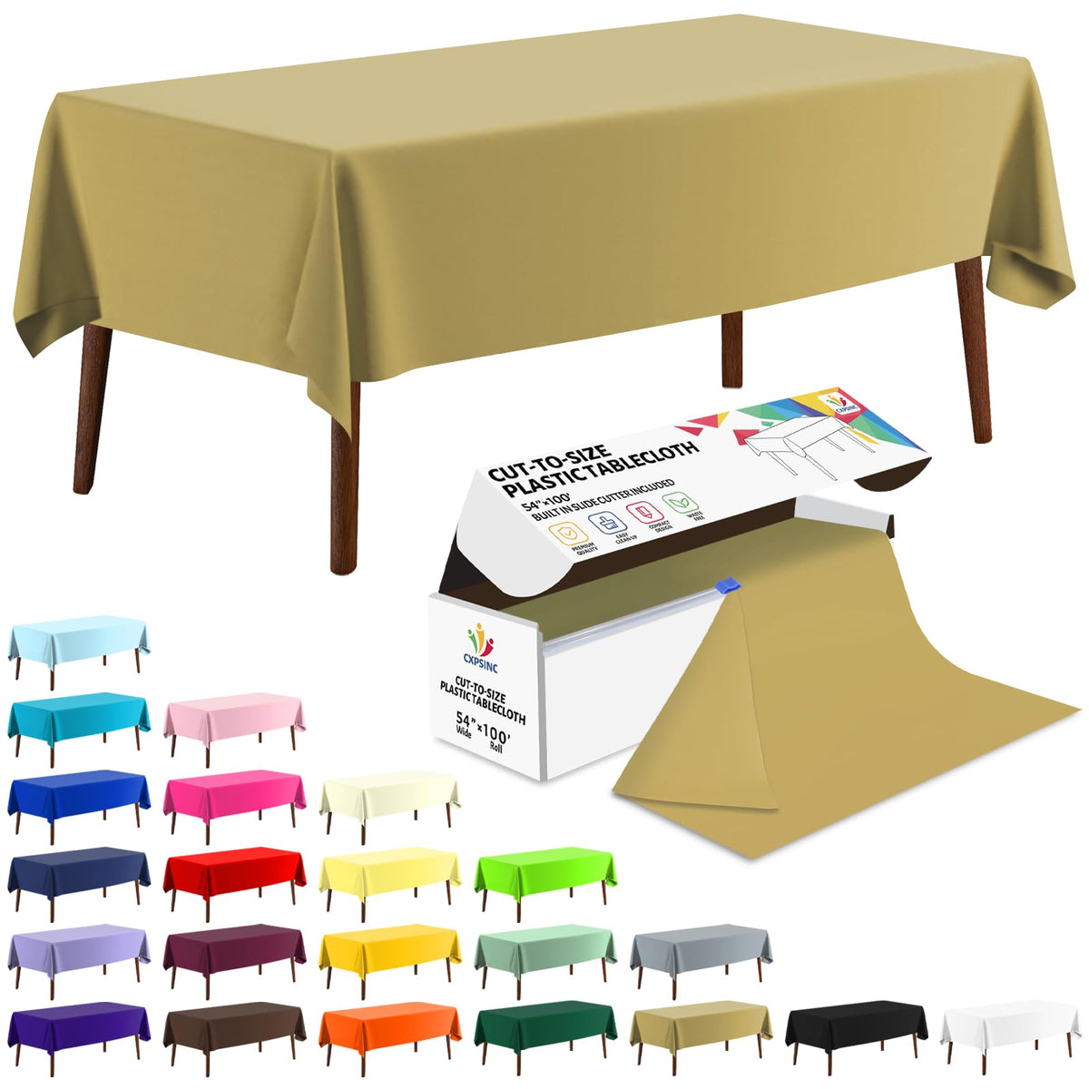 CXPSINC White Plastic Table Cloth Disposable Tablecloth Roll 54 Inch X 300 Feet Plastic Table Cover Roll with Slide Cutter for Picnics, Parties, Banquet, Birthdays, Weddings