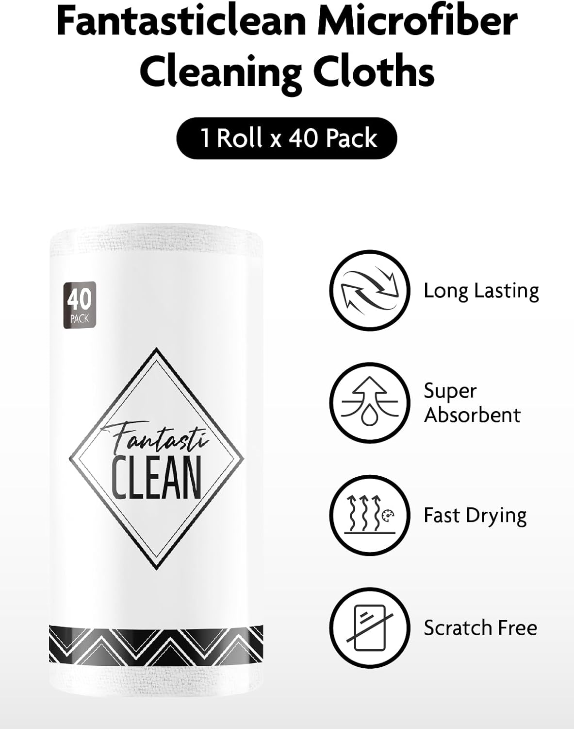 Fantasticlean Microfiber Cleaning Cloth Roll- 40 Sheets, 12" x 12" (White)