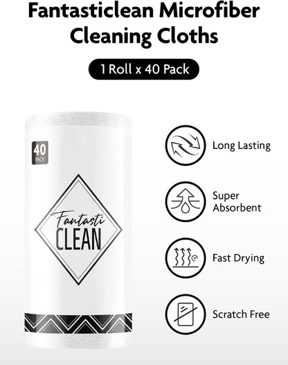 Fantasticlean Microfiber Cleaning Cloth Roll- 40 Sheets, 12" x 12" (White)