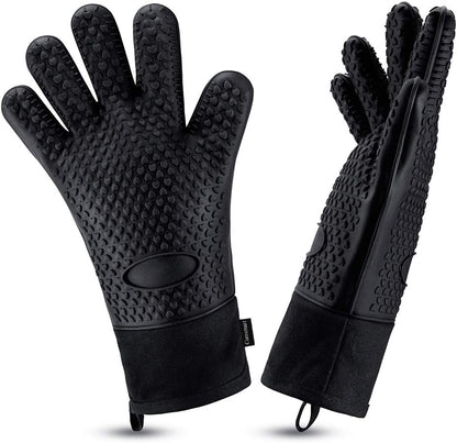Comsmart BBQ Gloves, Heat Resistant Silicone Grilling Gloves, Long Waterproof BBQ Kitchen Oven Mitts with Inner Cotton Layer for Barbecue, Cooking, Baking, Smoker(Black)