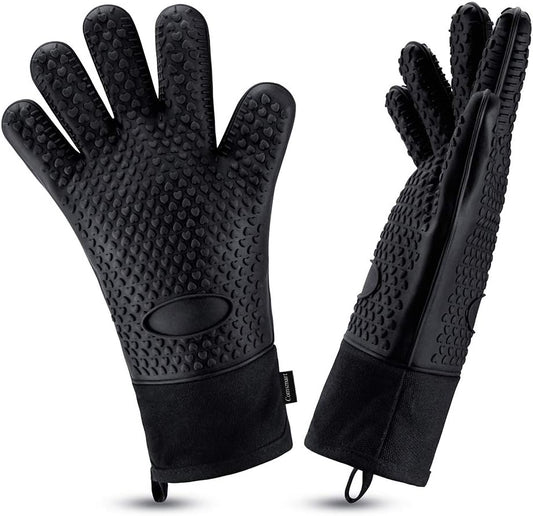 Comsmart BBQ Gloves, Heat Resistant Silicone Grilling Gloves, Long Waterproof BBQ Kitchen Oven Mitts with Inner Cotton Layer for Barbecue, Cooking, Baking, Smoker(Black)