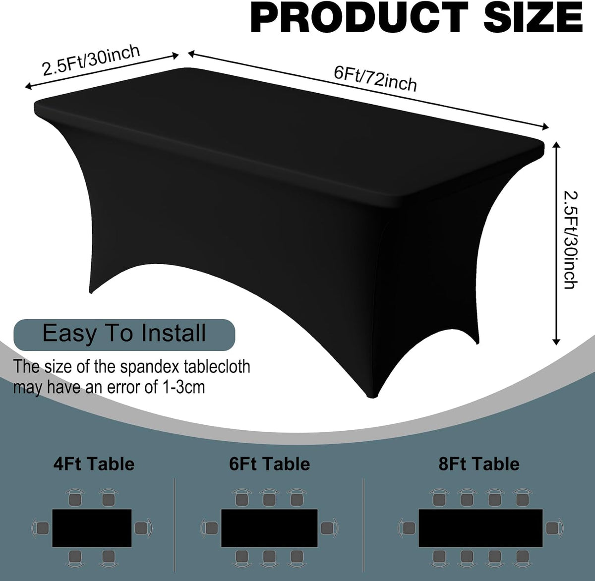 Trlyc 2 Pack 6FT Black Spandex Table Cloth 72 x 30 Inch