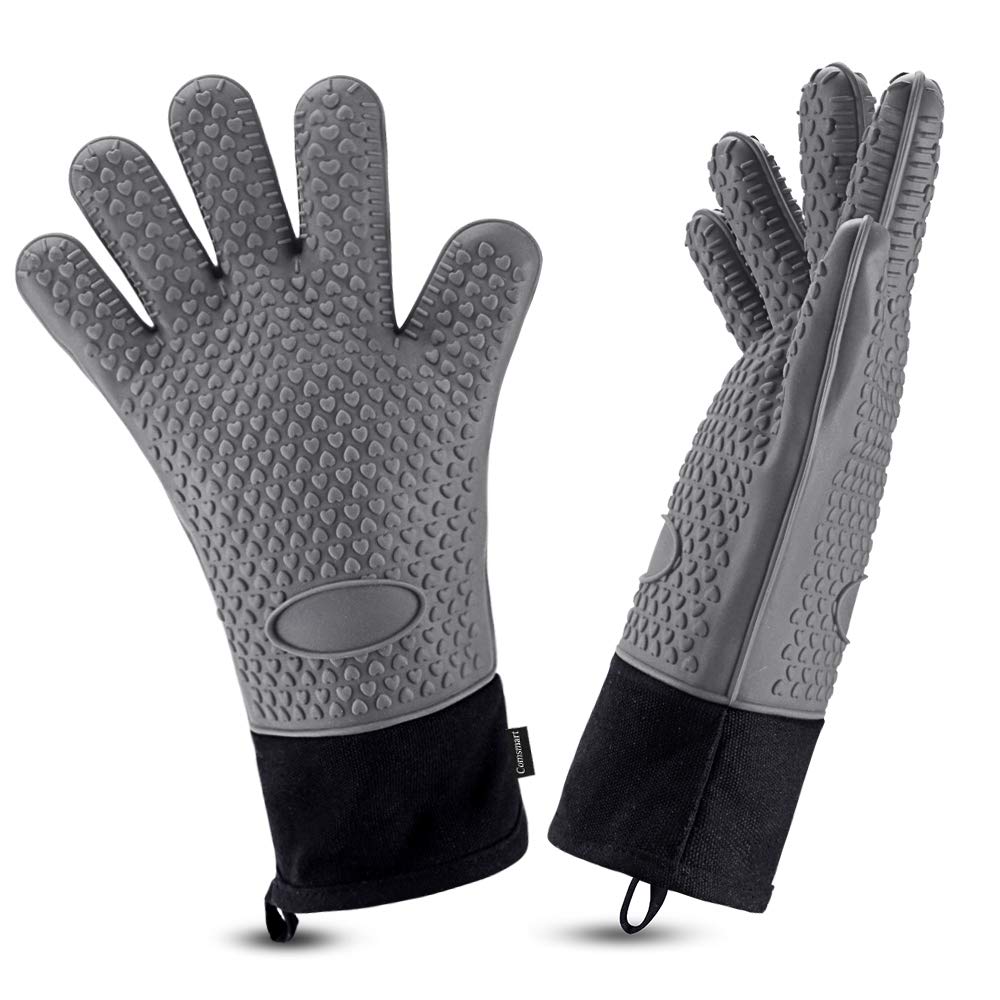 Comsmart BBQ Gloves, Heat Resistant Silicone Grilling Gloves, Long Waterproof BBQ Kitchen Oven Mitts with Inner Cotton Layer for Barbecue, Cooking, Baking, Smoker(Black)