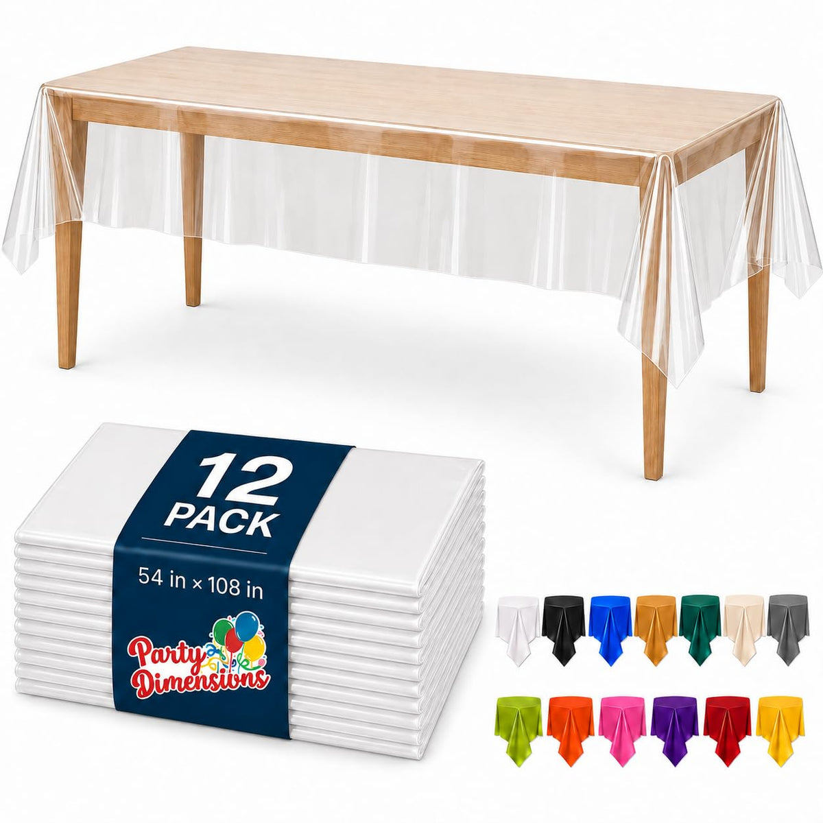 Party Dimensions White Disposable Plastic Tablecloth for Rectangle Tables (12 Pack) Table Cloths for Parties, Events & Weddings, Indoors Outdoors, 54 x 108 inches, Plastic Table Cover