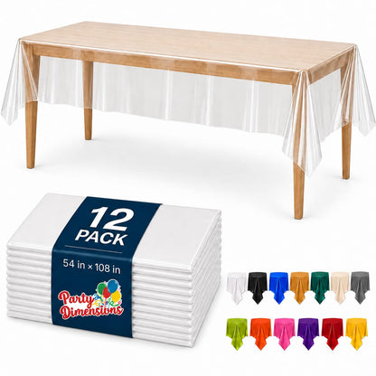 Party Dimensions White Disposable Plastic Tablecloth for Rectangle Tables (12 Pack) Table Cloths for Parties, Events & Weddings, Indoors Outdoors, 54 x 108 inches, Plastic Table Cover