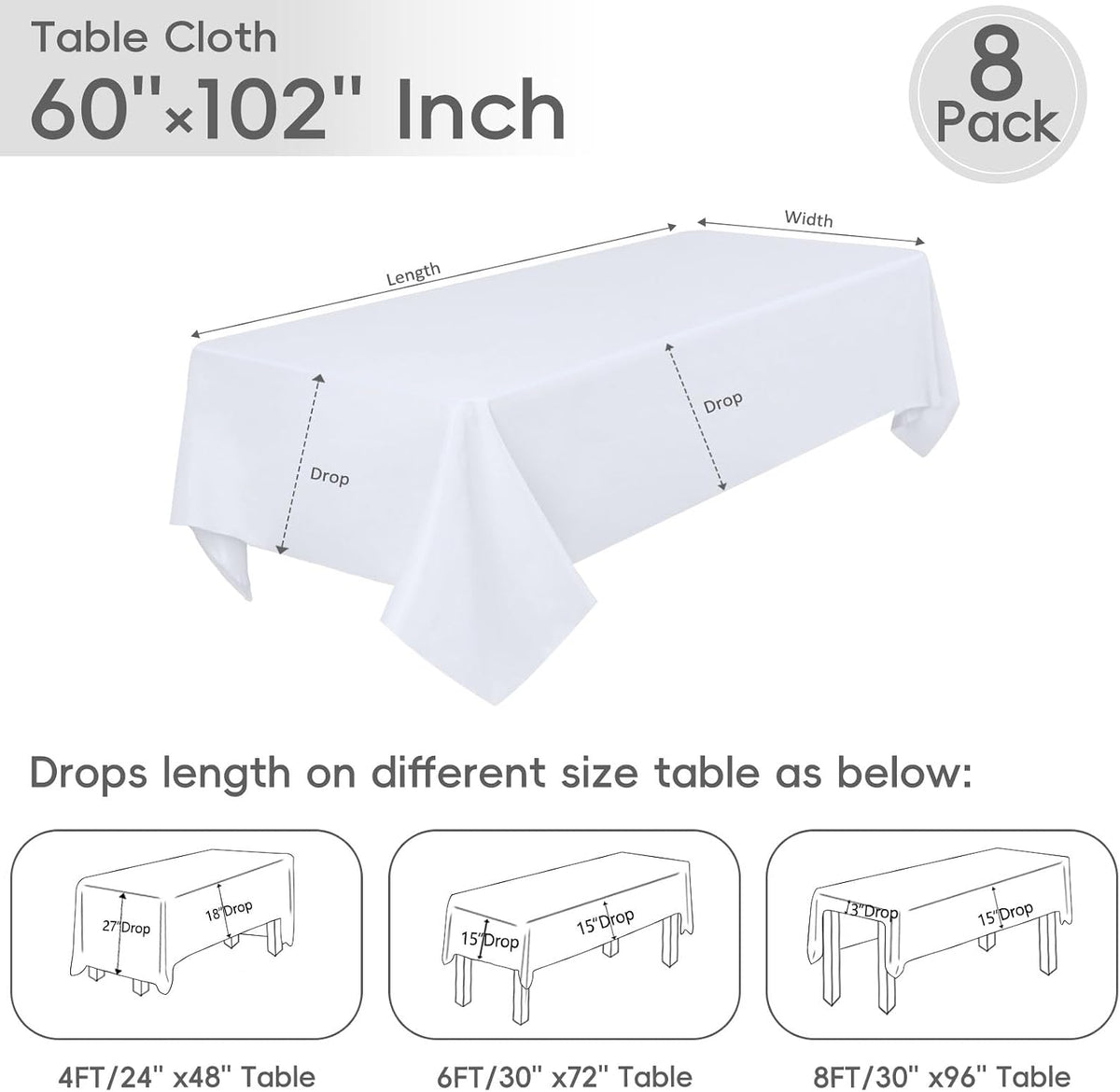 8 Pack White Rectangle Table Cloth 60 x 102 Inch For 6 Foot Tables