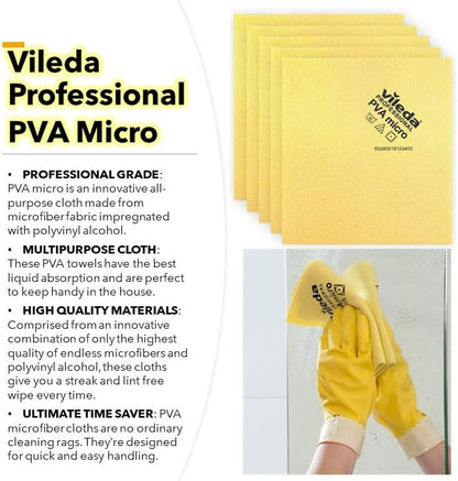 Vileda Professional | PVA Microfiber Cloth | All Purpose Cleaning Shammy | Shiny Streakfree Results | Synthetic Chamois Towel | Ideal for Hard Surfaces | Smooth Absorbent Materials | 5 Pack | Yellow