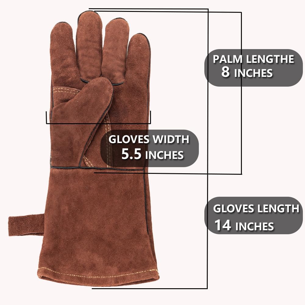Fireproof Gloves for Fireplace & Fire Pit, Welding Gloves for Men & Women - 14 Inch Heat Resistant Leather Work Gloves (662℉) for MIG/TIG, BBQ, Camping - Premium Cowhide, Durable