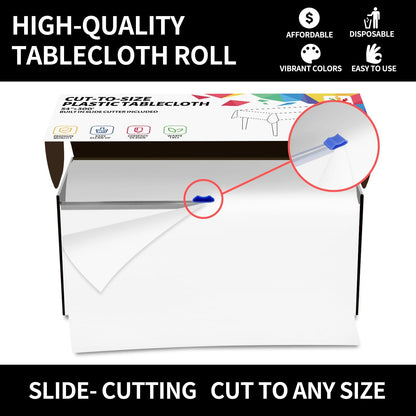 CXPSINC White Plastic Table Cloth Disposable Tablecloth Roll 54 Inch X 300 Feet Plastic Table Cover Roll with Slide Cutter for Picnics, Parties, Banquet, Birthdays, Weddings