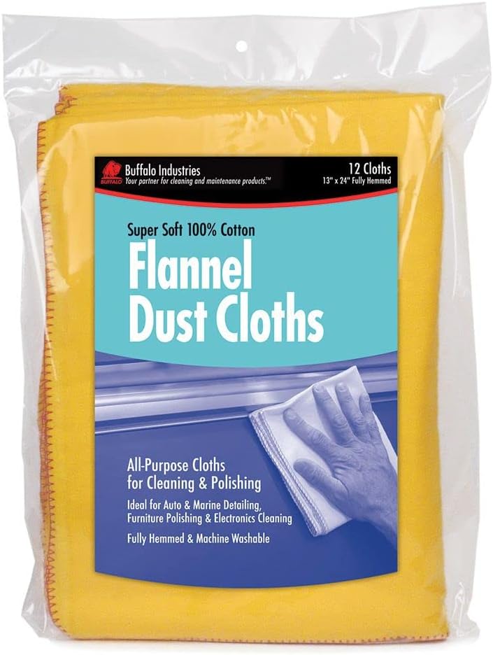 Buffalo Industries (60235) 13" x 24" 100% Cotton Fully Hemmed Yellow Flannel Dust Cloths, Pack of 12, Won't Scratch Fine surfaces, Great for Automotive, Polishing, Cleaning, Machine Washable