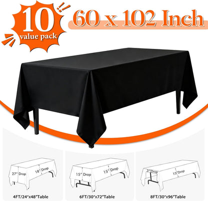 10 Pack Black Tablecloths 60 x 102 Inch for 6 Foot Rectangle Tables