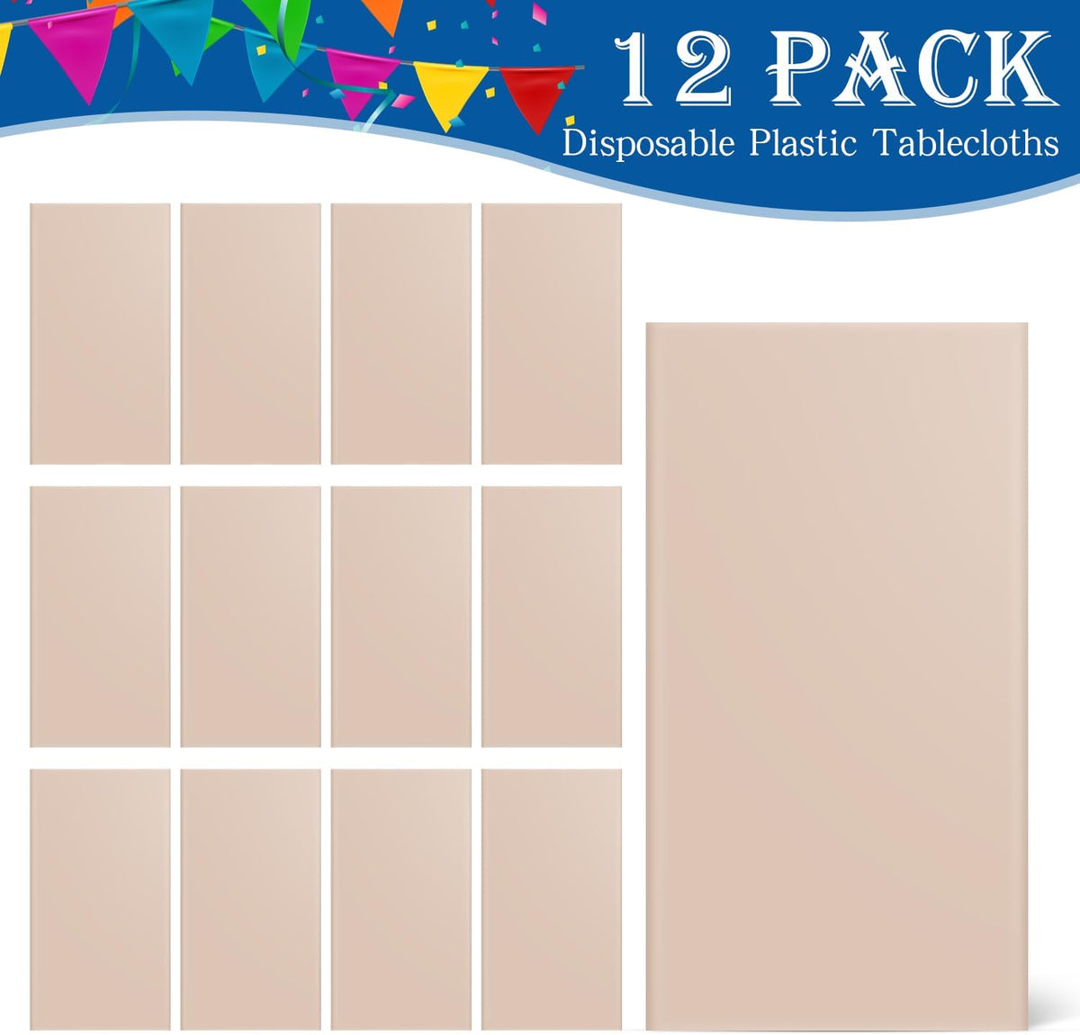 YSYJ 12 Pack Beige 54 x 108 Inch Disposable Plastic Tablecloths Rectangular Table Cloth Plastic Table Cover for Parties