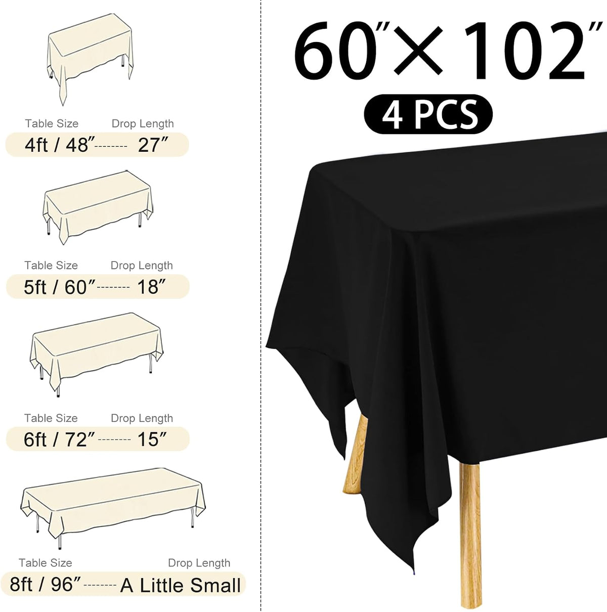 4 Pack Rectangle Tablecloth 60x102 Inch Black Washable Polyester Table Cover for Wedding Dining Table Buffet Parties Banquet Decoration（Black）
