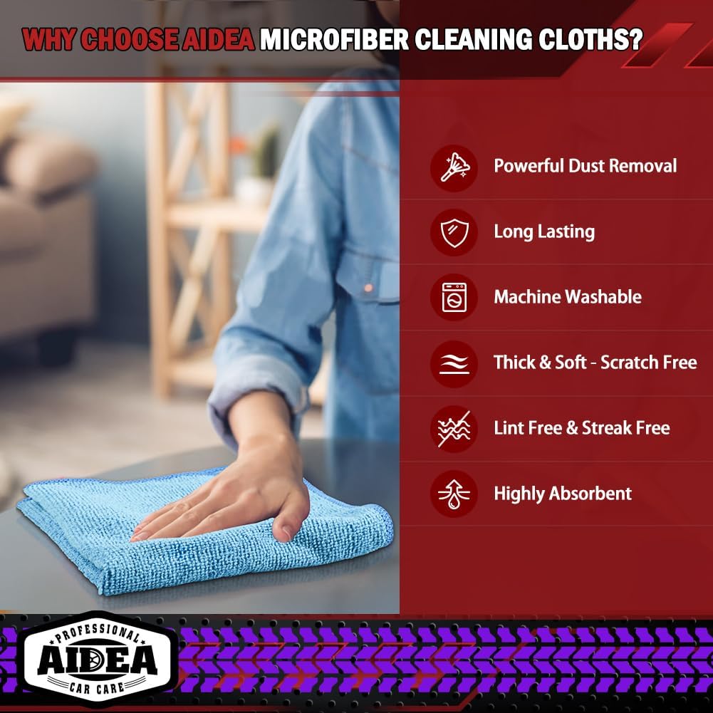AIDEA Microfiber Cleaning Cloth Blue-50PK,Microfiber Towels for Cars 12×12"