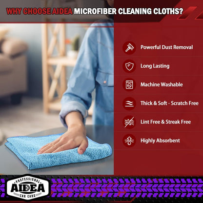 AIDEA Microfiber Cleaning Cloth Blue-50PK,Microfiber Towels for Cars 12×12"