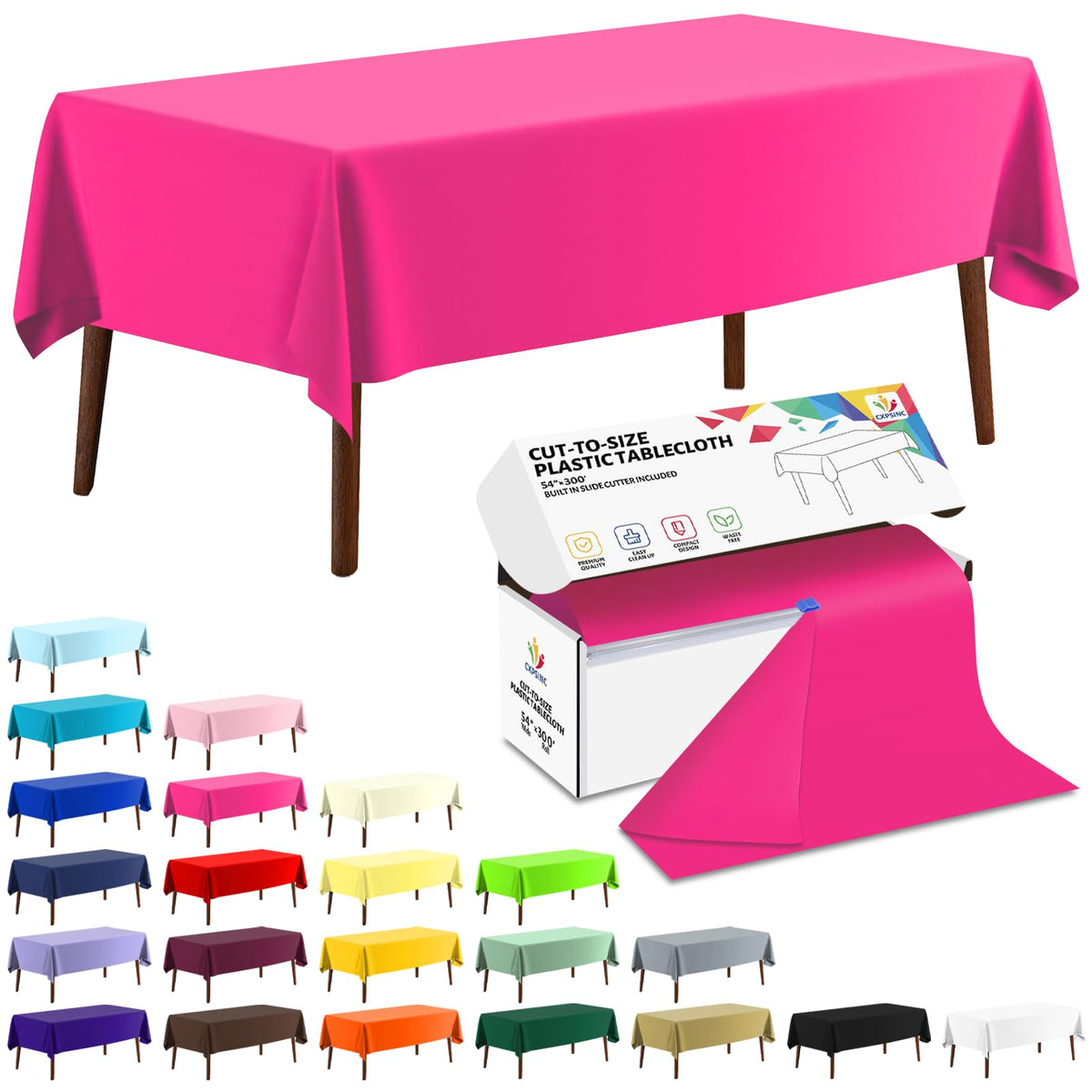 CXPSINC White Plastic Table Cloth Disposable Tablecloth Roll 54 Inch X 300 Feet Plastic Table Cover Roll with Slide Cutter for Picnics, Parties, Banquet, Birthdays, Weddings