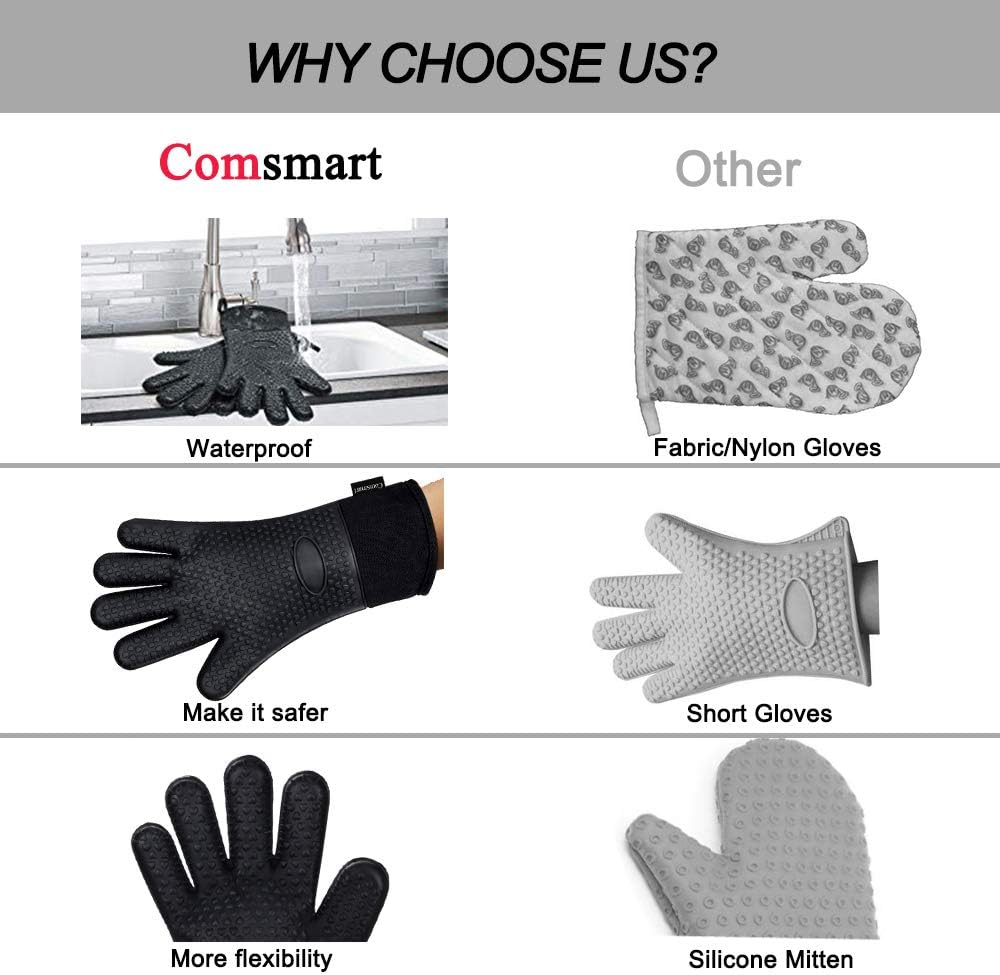 Comsmart BBQ Gloves, Heat Resistant Silicone Grilling Gloves, Long Waterproof BBQ Kitchen Oven Mitts with Inner Cotton Layer for Barbecue, Cooking, Baking, Smoker(Black)