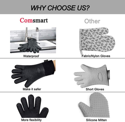 Comsmart BBQ Gloves, Heat Resistant Silicone Grilling Gloves, Long Waterproof BBQ Kitchen Oven Mitts with Inner Cotton Layer for Barbecue, Cooking, Baking, Smoker(Black)