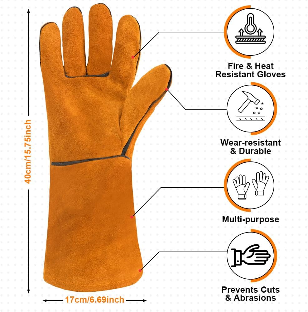 AUAUY Welding Gloves, Heat Resistant Long Leather Gauntlets