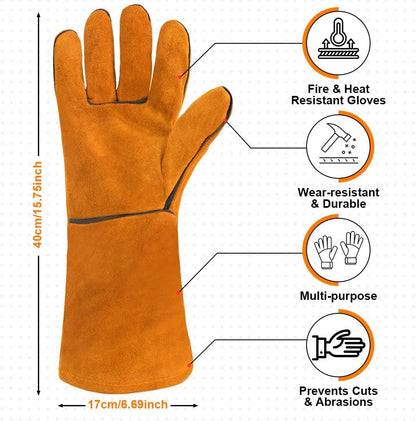 AUAUY Welding Gloves, Heat Resistant Long Leather Gauntlets