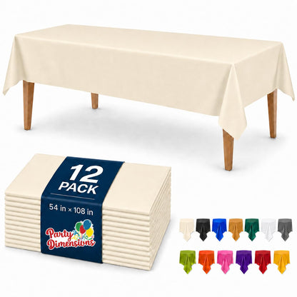 Party Dimensions White Disposable Plastic Tablecloth for Rectangle Tables (12 Pack) Table Cloths for Parties, Events & Weddings, Indoors Outdoors, 54 x 108 inches, Plastic Table Cover