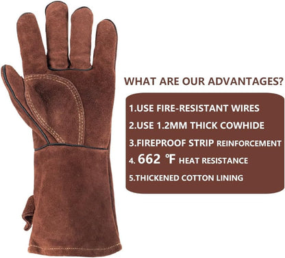 Fireproof Gloves for Fireplace & Fire Pit, Welding Gloves for Men & Women - 14 Inch Heat Resistant Leather Work Gloves (662℉) for MIG/TIG, BBQ, Camping - Premium Cowhide, Durable
