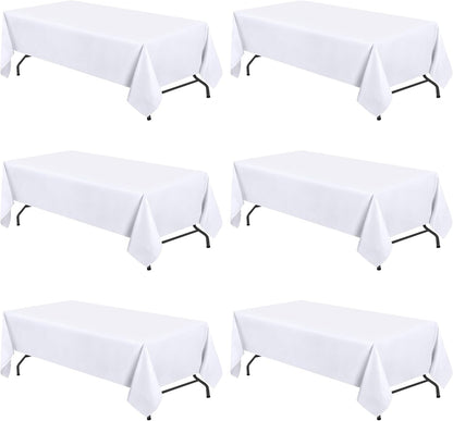 WEALUXE White Table Cloths for 6 Foot Folding Tables [6 Pack, 60x102 Inches] White Tablecloths Rectangular, Stain and Wrinkle Resistant Washable Linen Fabric Cloth