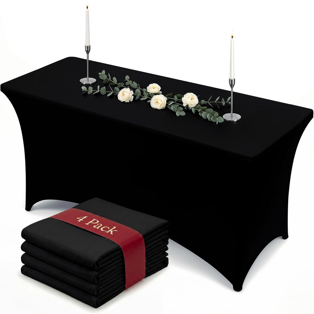 Utopia Kitchen Spandex Table Cloth 2 Pack [4FT, 48Lx30Wx30H Inch, Black]
