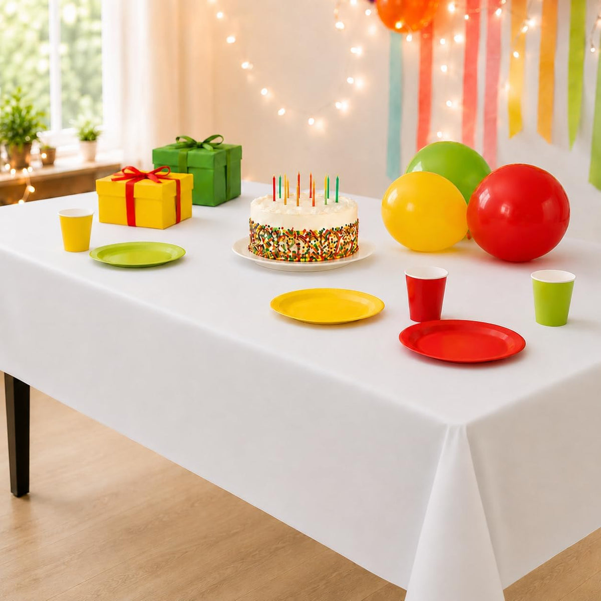 Party Dimensions White Disposable Plastic Tablecloth for Rectangle Tables (12 Pack) Table Cloths for Parties, Events & Weddings, Indoors Outdoors, 54 x 108 inches, Plastic Table Cover