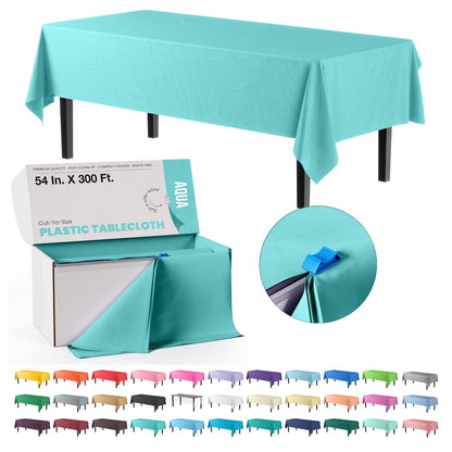 Exquisite Red 54x300in Plastic Disposable Tablecloth Roll with Built-in Cutter - 36 Rectangle Table Covers in a Box