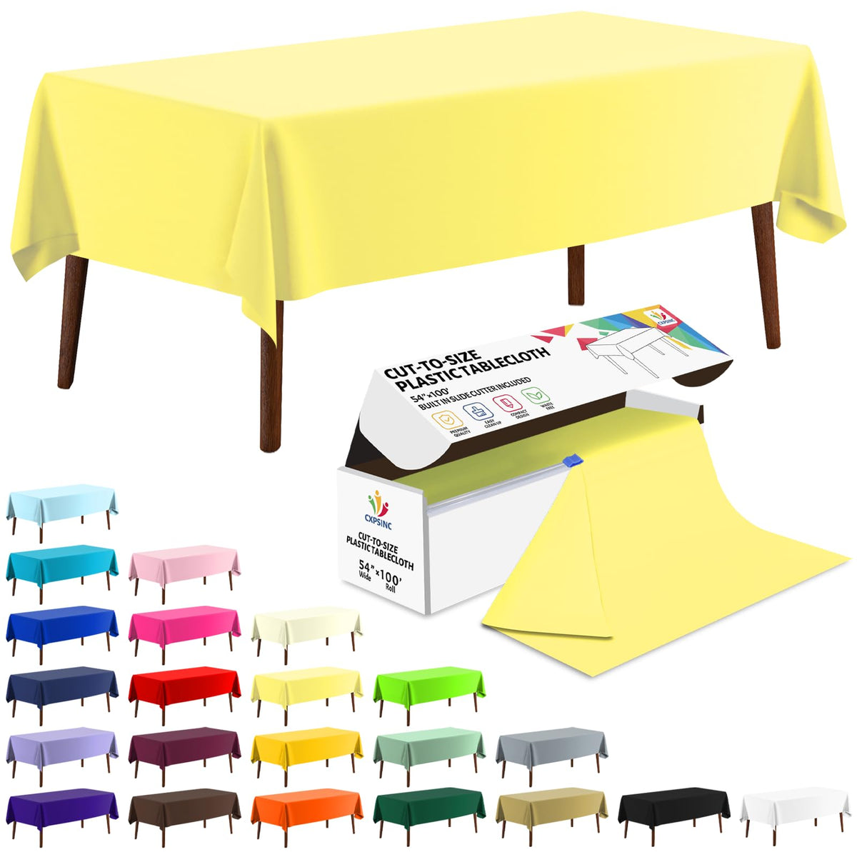 CXPSINC White Plastic Table Cloth Disposable Tablecloth Roll 54 Inch X 300 Feet Plastic Table Cover Roll with Slide Cutter for Picnics, Parties, Banquet, Birthdays, Weddings