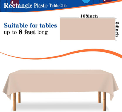 YSYJ 12 Pack Beige 54 x 108 Inch Disposable Plastic Tablecloths Rectangular Table Cloth Plastic Table Cover for Parties