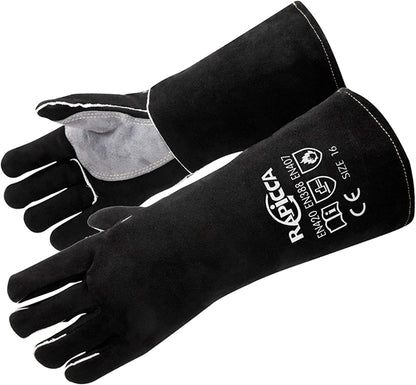 RAPICCA Fireplace Fire Pit Gloves, 932°F Fireproof Leather, 16in Dark Grey