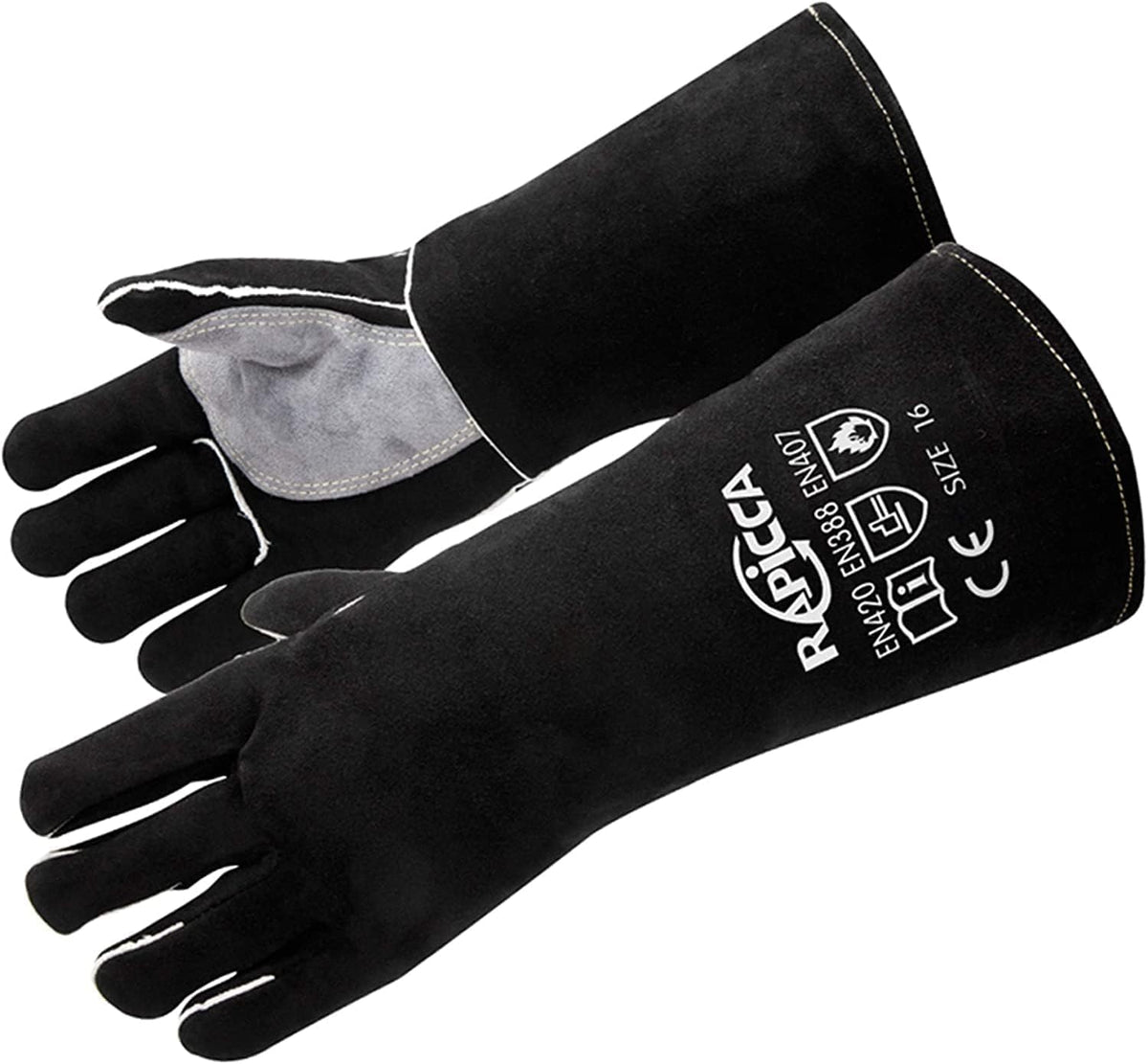 RAPICCA Fireplace Fire Pit Gloves, 932°F Fireproof Leather, 16in Dark Grey