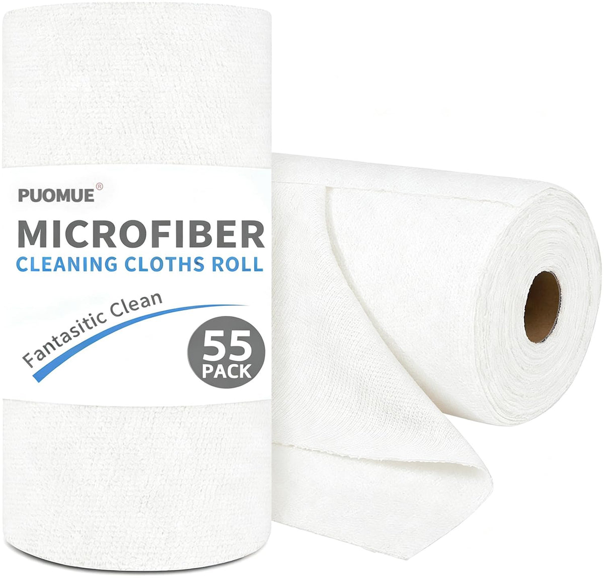Puomue 55 Pack Microfiber Cleaning Cloth Roll, Tear Away Reusable Paper Towels, 11" x 9", Ultra Absorbent & Lint Free Microfiber Cloth for Cleaning Cars, Kitchen, Window, Home and Shop, Grey