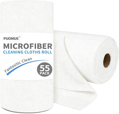 Puomue 55 Pack Microfiber Cleaning Cloth Roll, Tear Away Reusable Paper Towels, 11" x 9", Ultra Absorbent & Lint Free Microfiber Cloth for Cleaning Cars, Kitchen, Window, Home and Shop, Grey