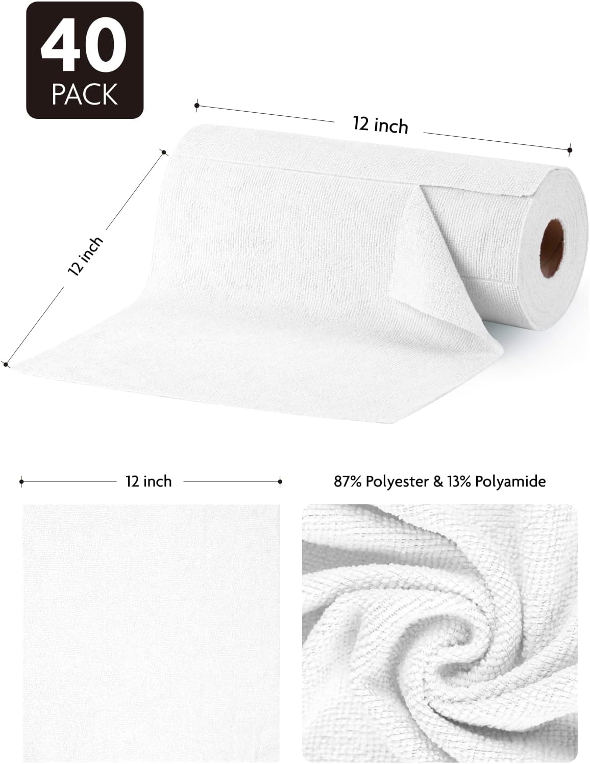 Fantasticlean Microfiber Cleaning Cloth Roll- 40 Sheets, 12" x 12" (White)