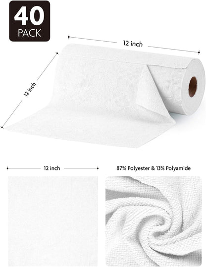 Fantasticlean Microfiber Cleaning Cloth Roll- 40 Sheets, 12" x 12" (White)