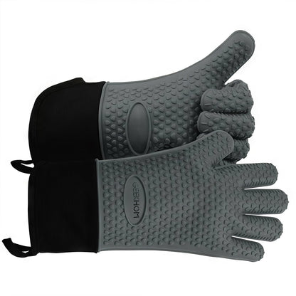 GEEKHOM BBQ Gloves Heat Resistant, 13.7 Inch Long Waterproof Silicone Oven Mitts for Grilling and Smoker, Non-Slip 5 Finger Kitchen Hot Mitts for Baking, Cooking & Cast Iron, Black