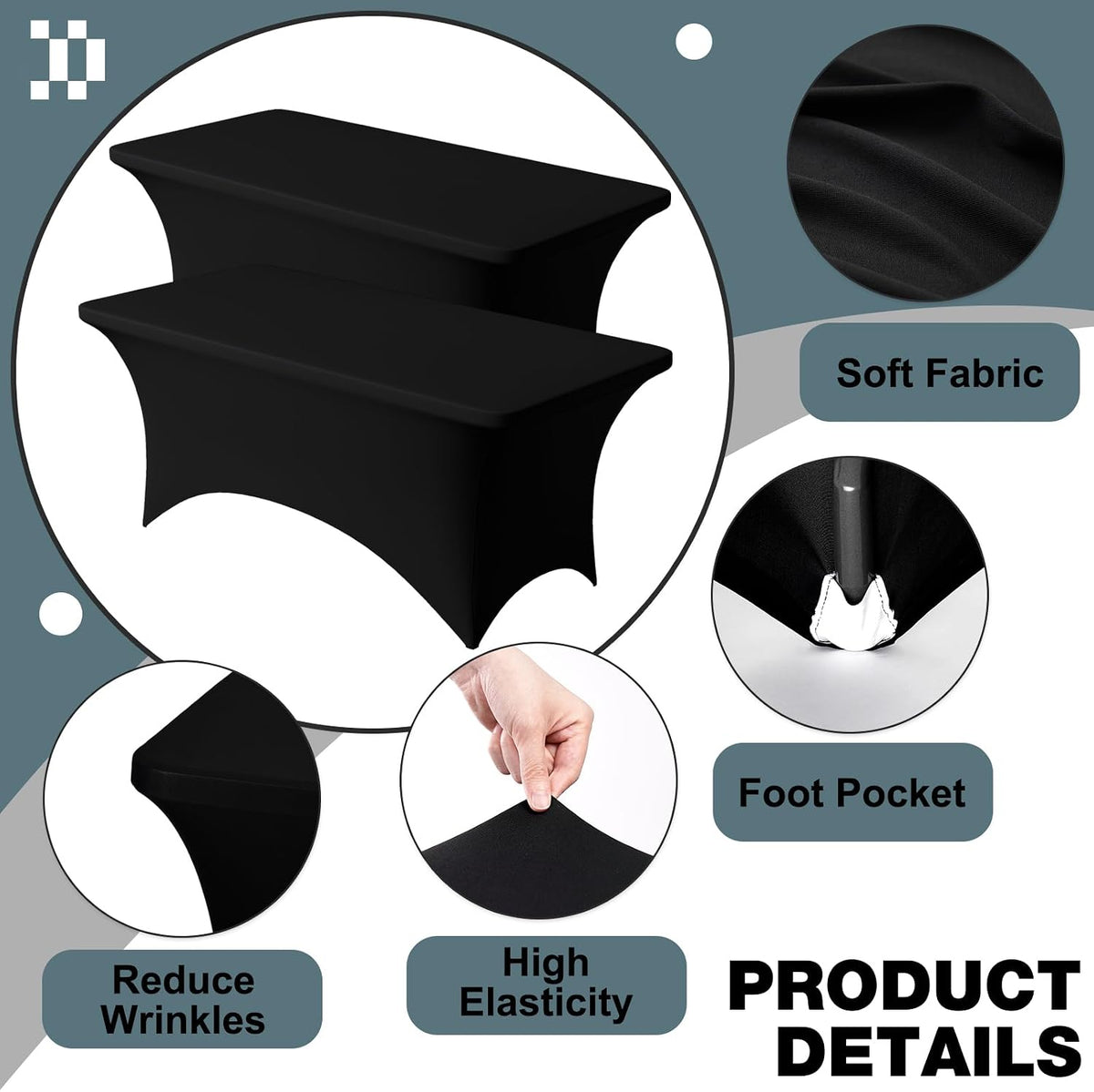 Trlyc 2 Pack 6FT Black Spandex Table Cloth 72 x 30 Inch