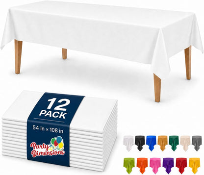 Party Dimensions White Disposable Plastic Tablecloth for Rectangle Tables (12 Pack) Table Cloths for Parties, Events & Weddings, Indoors Outdoors, 54 x 108 inches, Plastic Table Cover