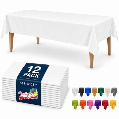 Party Dimensions White Disposable Plastic Tablecloth for Rectangle Tables (12 Pack) Table Cloths for Parties, Events & Weddings, Indoors Outdoors, 54 x 108 inches, Plastic Table Cover