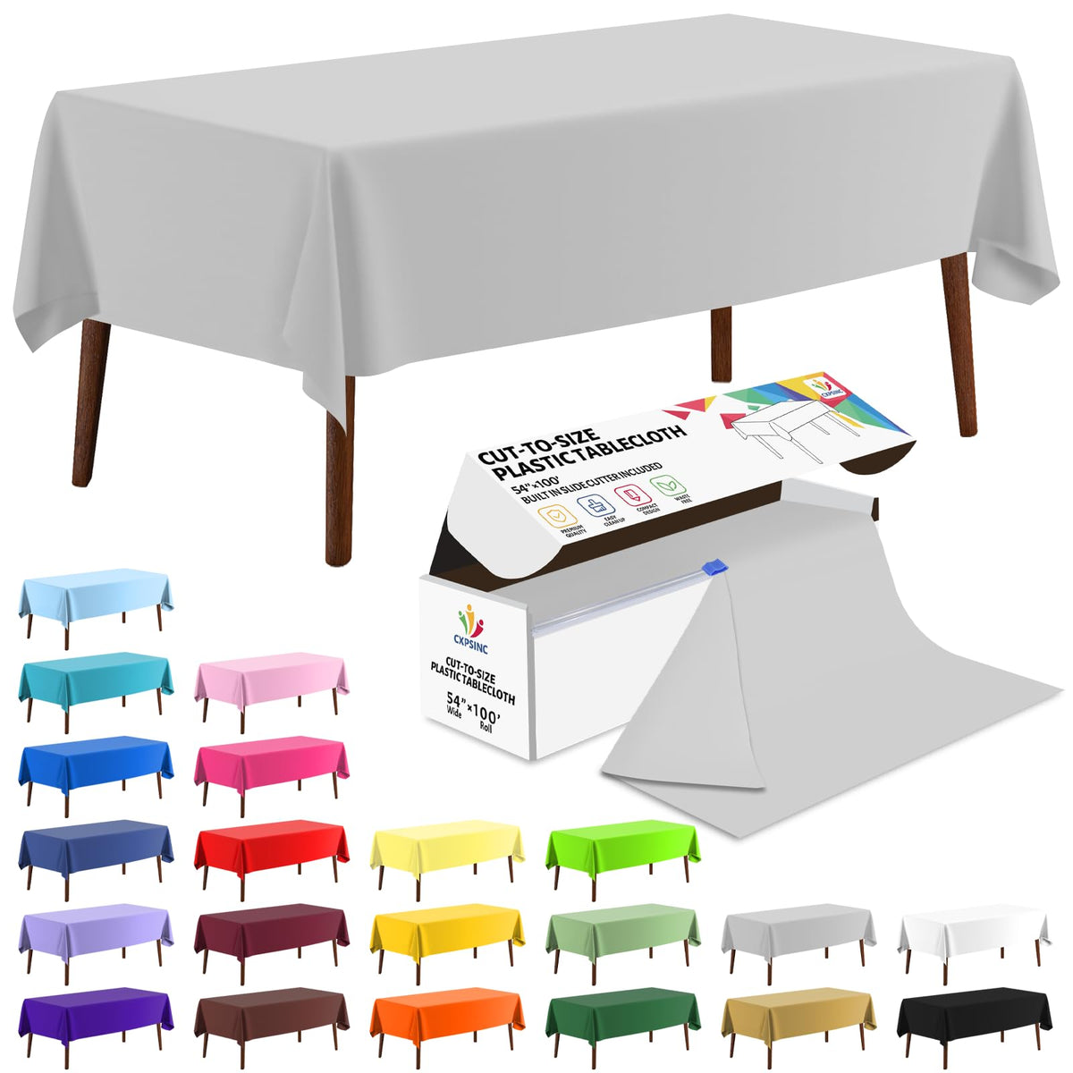 CXPSINC White Plastic Table Cloth Disposable Tablecloth Roll 54 Inch X 300 Feet Plastic Table Cover Roll with Slide Cutter for Picnics, Parties, Banquet, Birthdays, Weddings