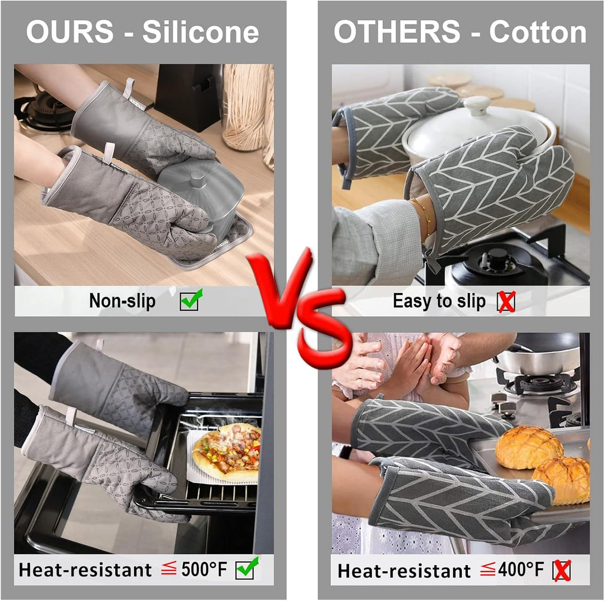 KEGOUU Oven Mitts and Pot Holders 6pcs Set, Kitchen Oven Glove High Heat Resistant 500 Degree Extra Long Oven Mitts and Potholder with Non-Slip Silicone Surface for Cooking (Grey)