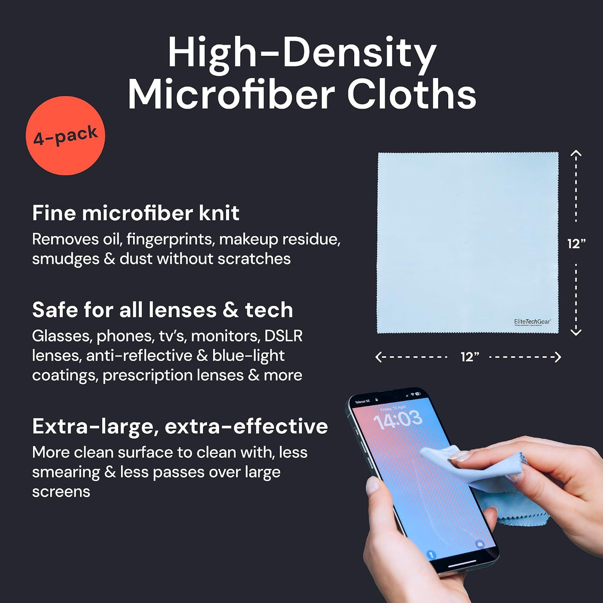 Elite Tech Gear Eyeglass Cleaning Cloth, 4-Pack Blue, 12x12 Glasses Cloth