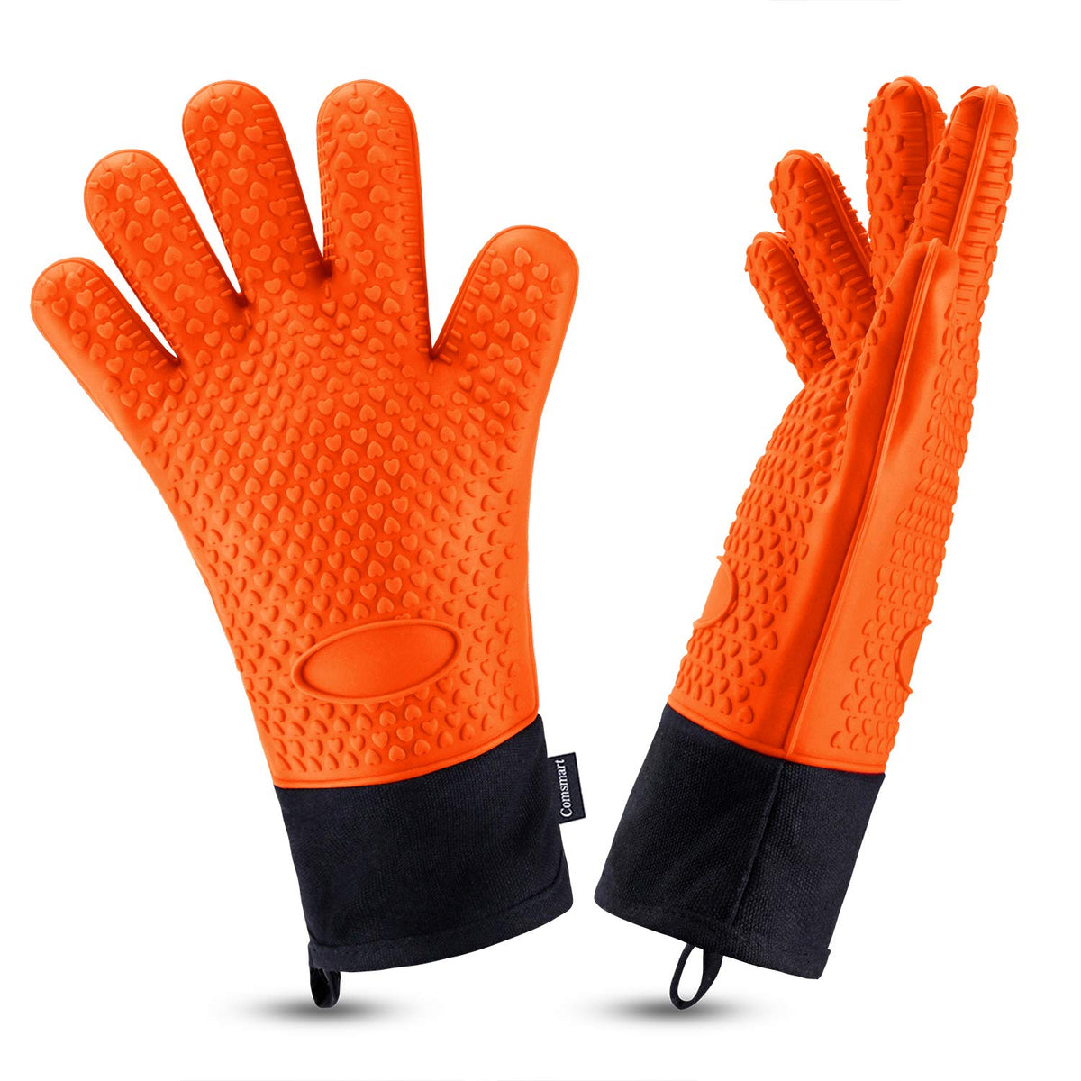 Comsmart BBQ Gloves, Heat Resistant Silicone Grilling Gloves, Long Waterproof BBQ Kitchen Oven Mitts with Inner Cotton Layer for Barbecue, Cooking, Baking, Smoker(Black)