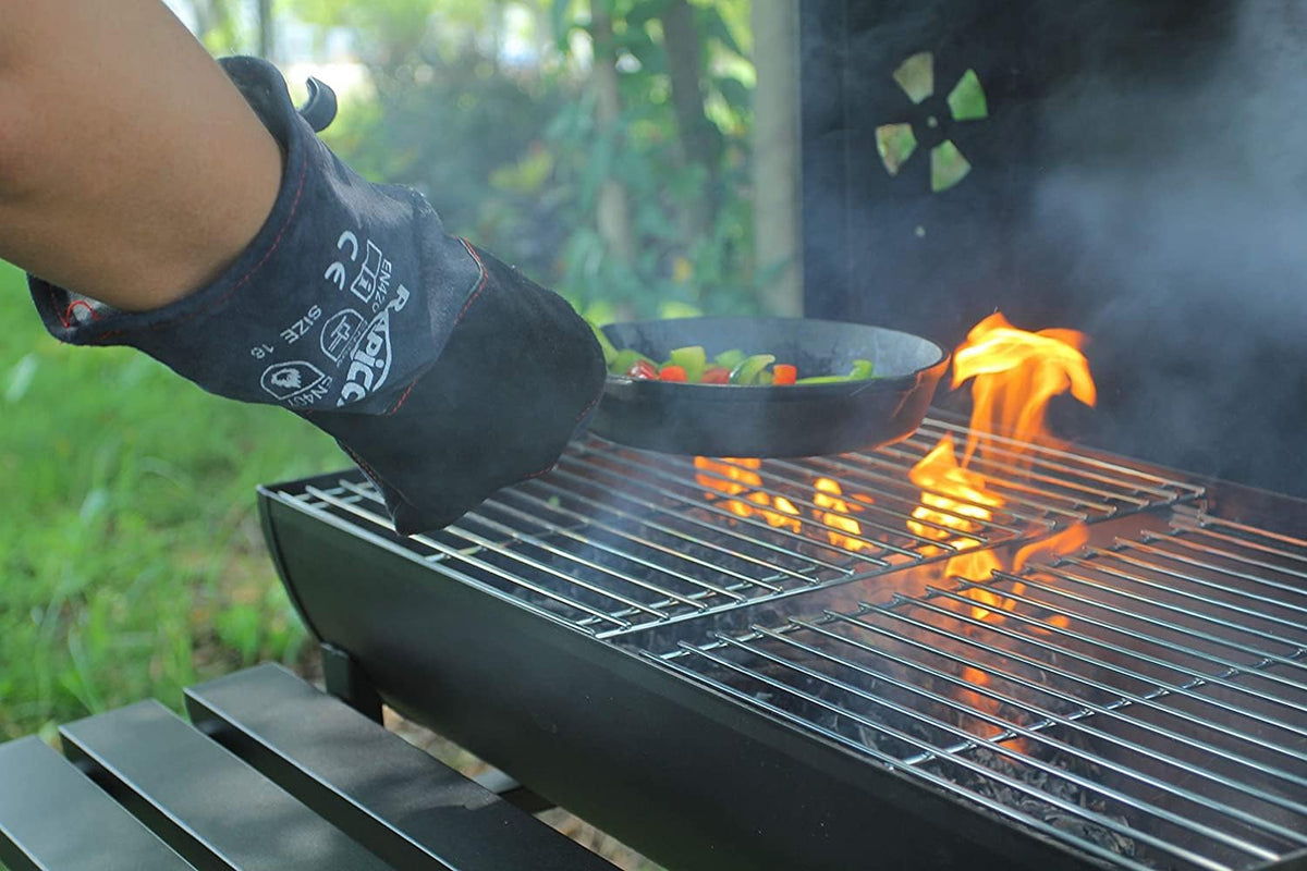 RAPICCA Fireplace Fire Pit Gloves, 932°F Fireproof Leather, 16in Dark Grey