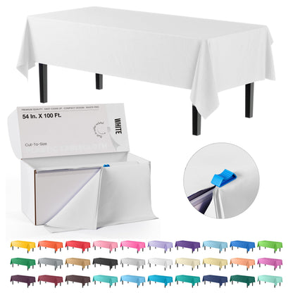 Exquisite Red 54x300in Plastic Disposable Tablecloth Roll with Built-in Cutter - 36 Rectangle Table Covers in a Box