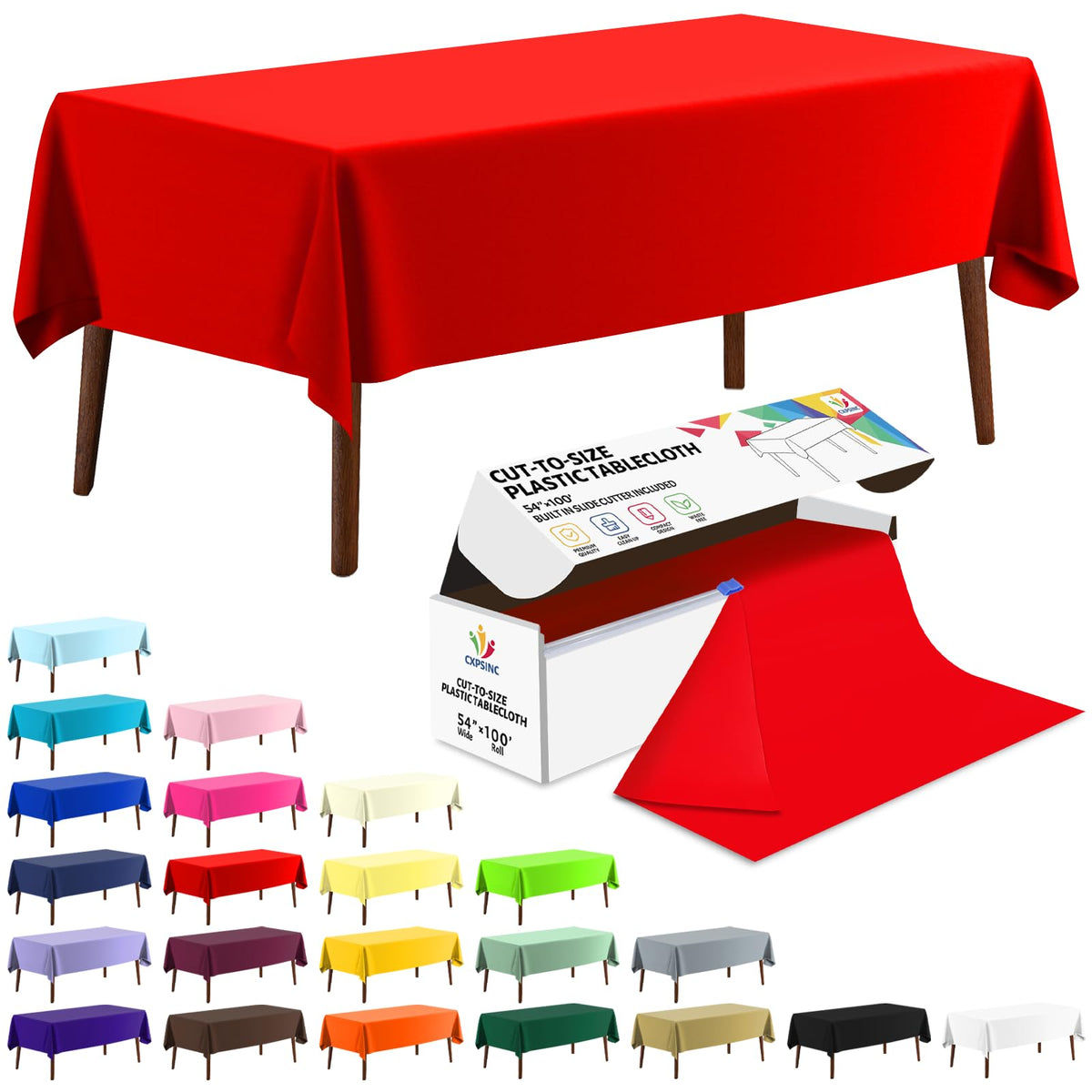 CXPSINC White Plastic Table Cloth Disposable Tablecloth Roll 54 Inch X 300 Feet Plastic Table Cover Roll with Slide Cutter for Picnics, Parties, Banquet, Birthdays, Weddings